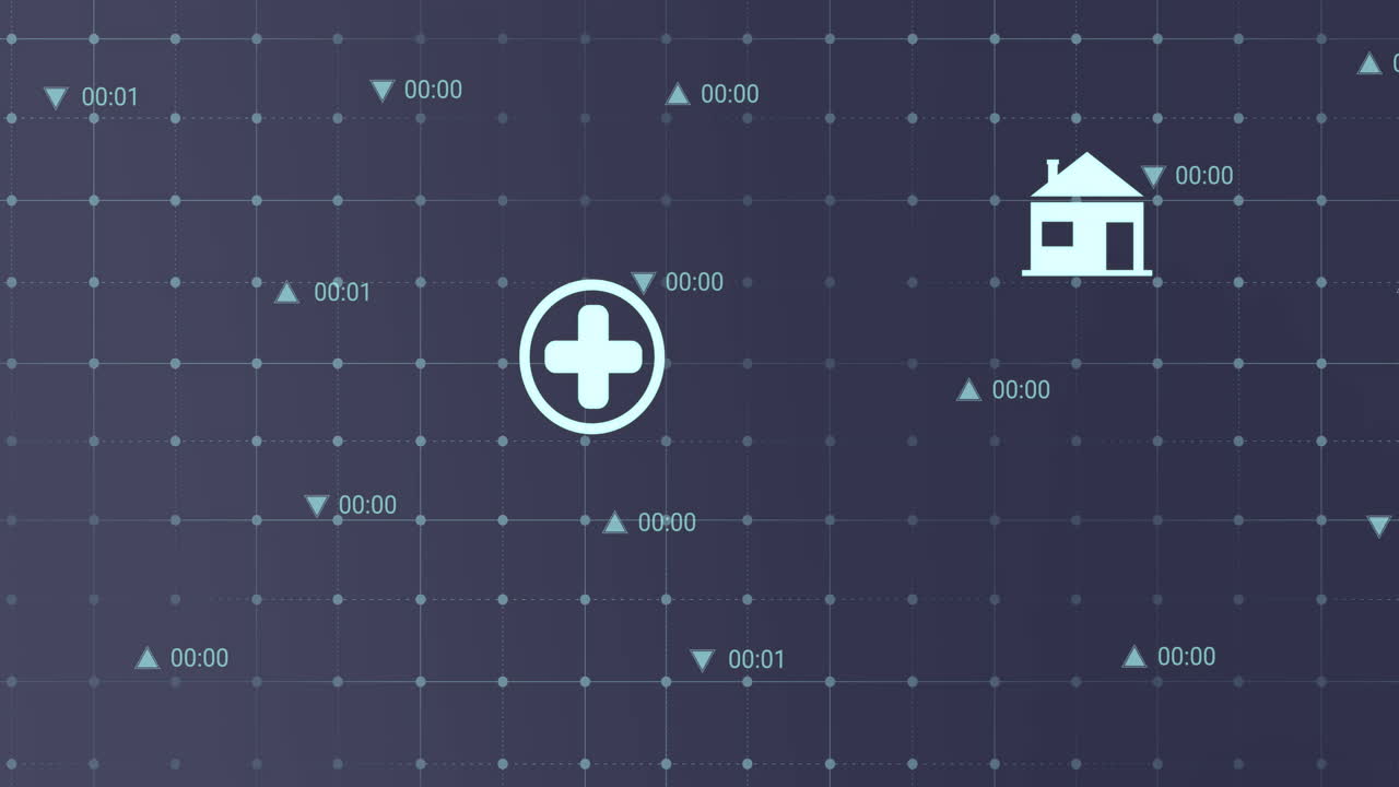 Animation of icons and data processing over dark background
