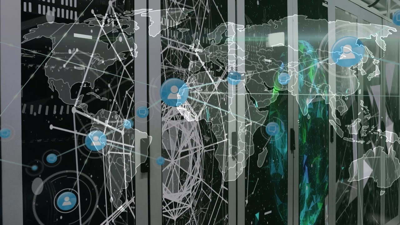 Animation of network of connections and data processing with world map over server room