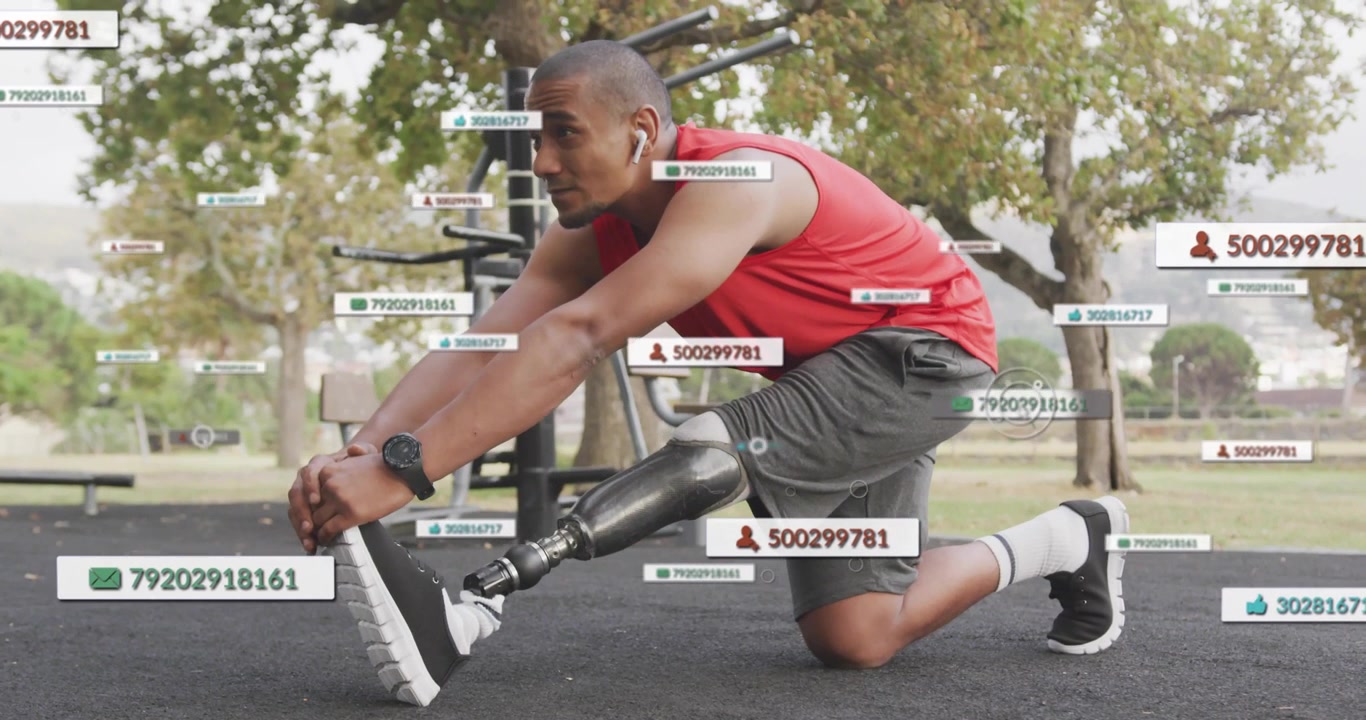 Man performing kneeling hamstring stretch, motion-triggered overlays tagging prosthetic for rehab