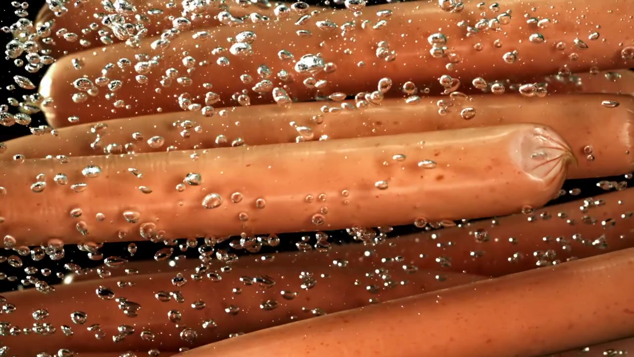 Primo piano di salsicce che bollono in acqua con bolle.