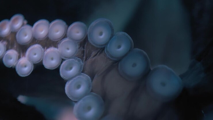 Primo piano di tentacoli e ventose di un polpo gigante del Pacifico