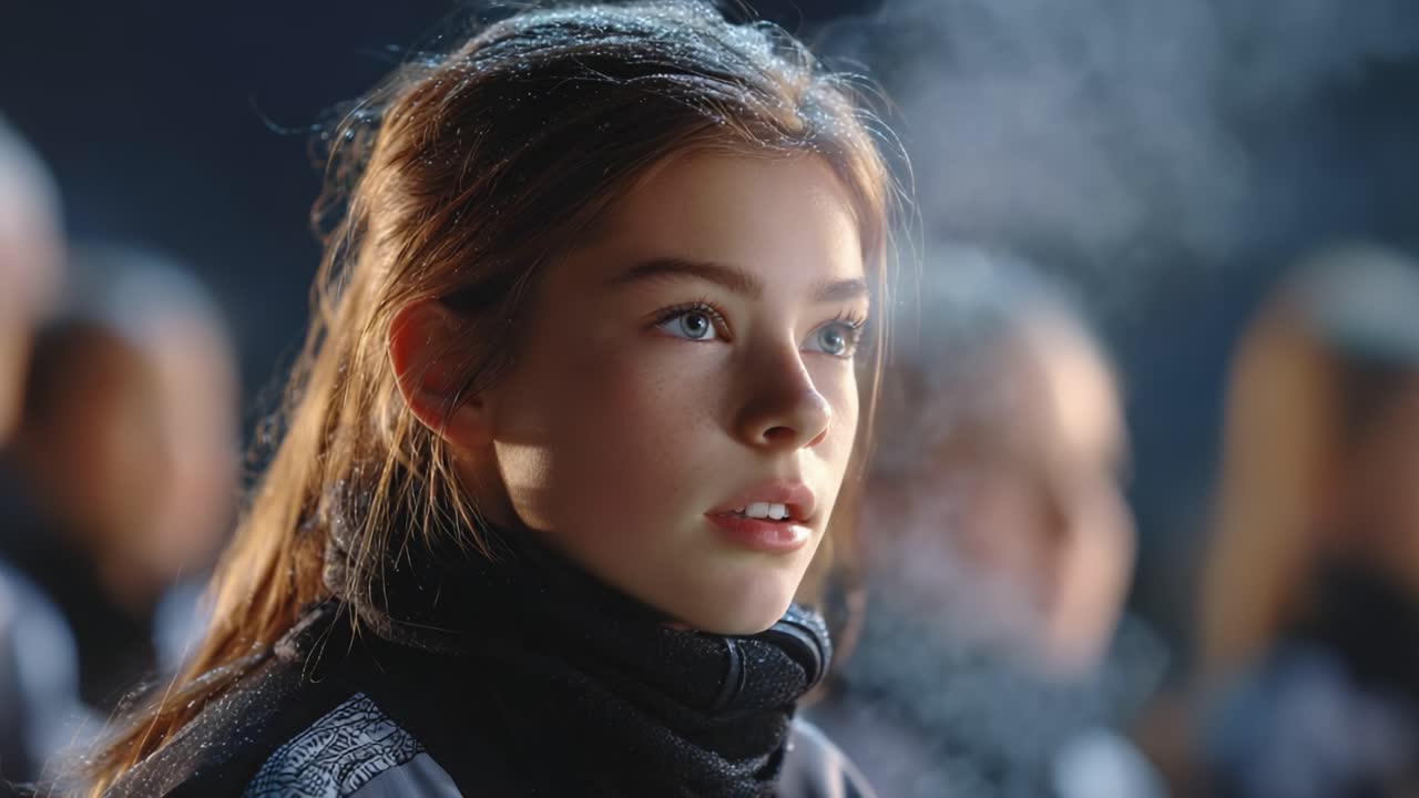 A Thoughtful Young Athlete in Winter Gear, Captured in a Moment of Focus and Determination, Surrounded by Teammates in a Cold Atmosphere