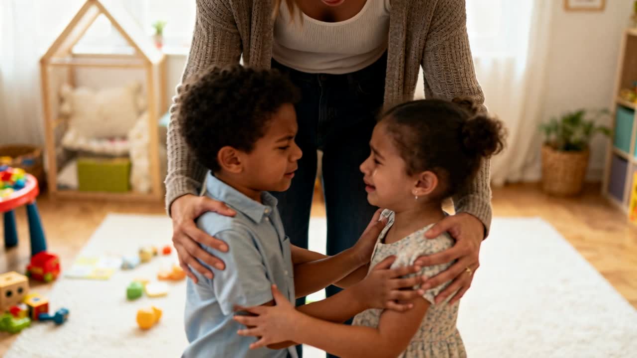 Caregiver bending, holding shoulders, guiding children into hug after toy fight, calming tears