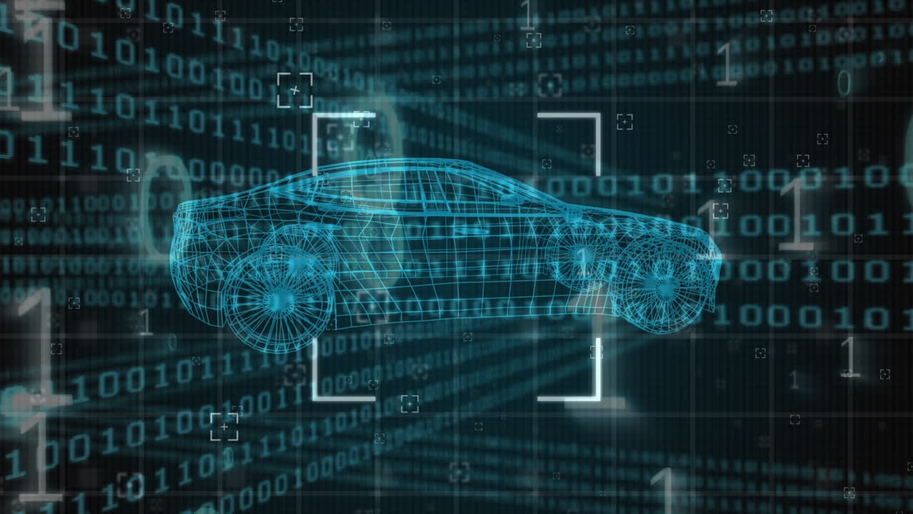 animación de codificación binaria y modelo digital de automóvil sobre fondo negro