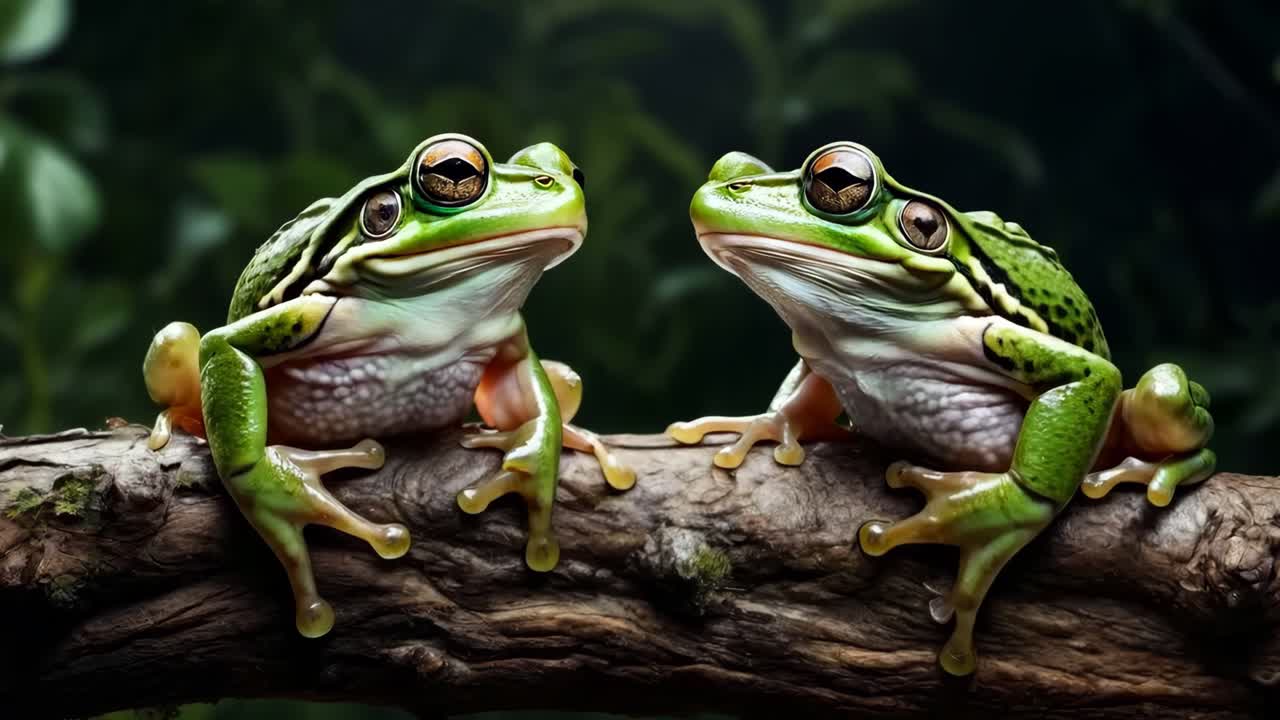 두 개구리가 나가지에 앉아 있다