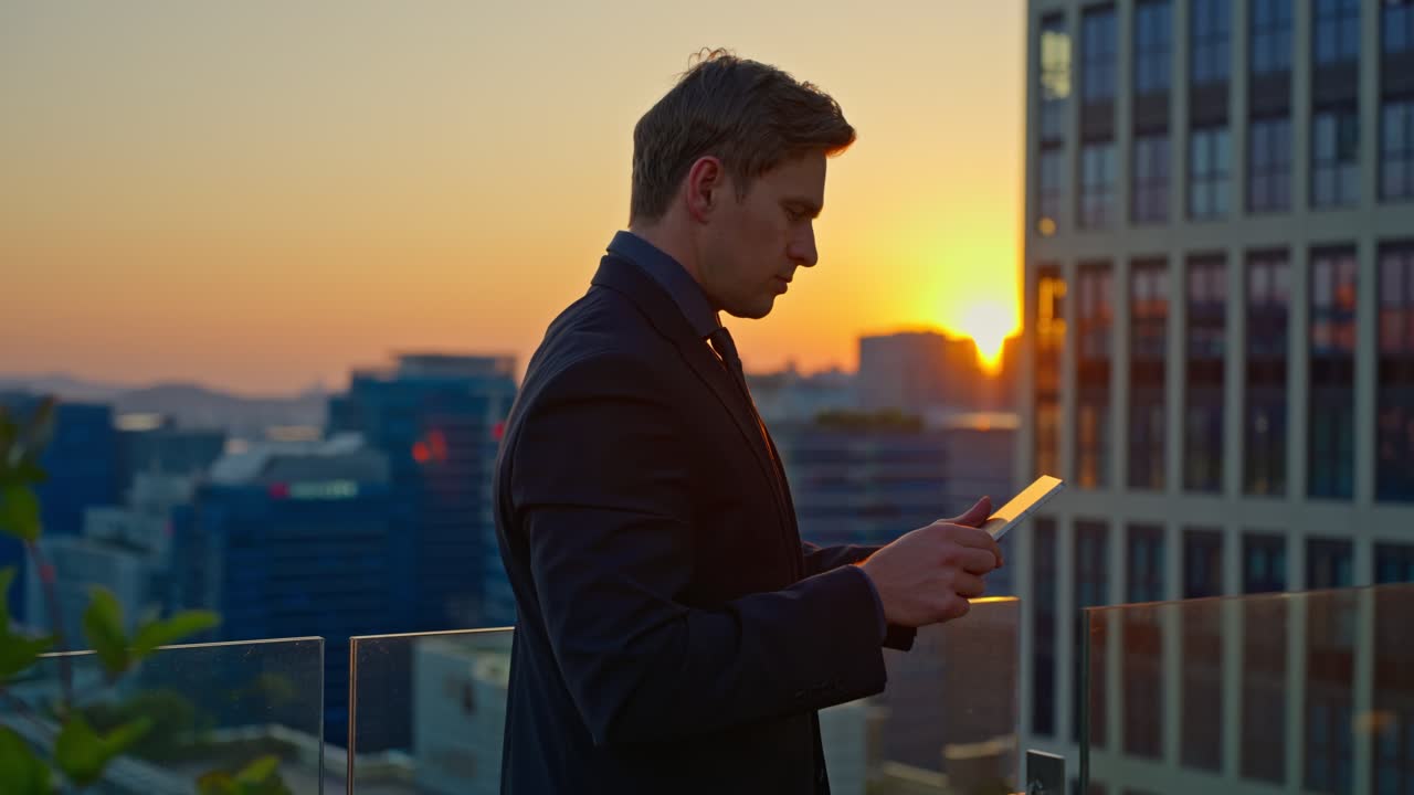 A serious Caucasian businessman makes a final, hard decision, nodding with resolve as he looks away from his tablet on a modern office rooftop at sunset