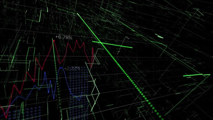 Animation of data processing and spots on black background