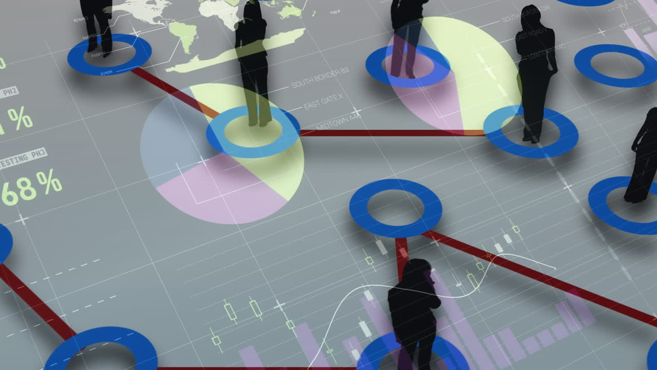 animación de la red de conexiones con los iconos de las personas y el procesamiento de datos financieros