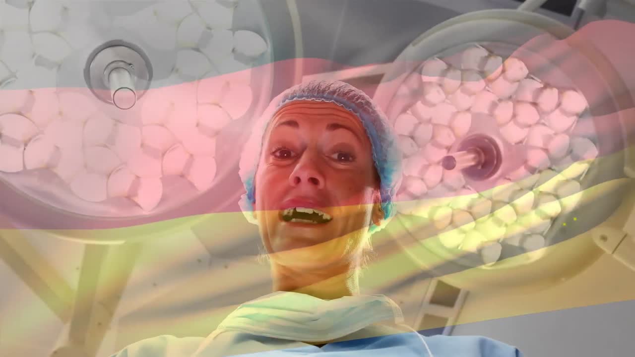 수술실에서 외과의사 위에 흔들리는 독일 국기의 애니메이션