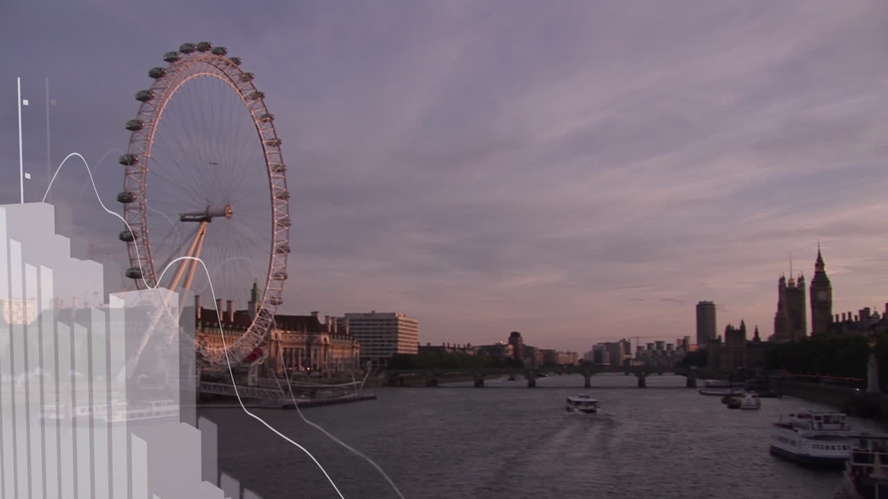 런던 시내 풍경에서 금융 데이터 처리의 애니메이션