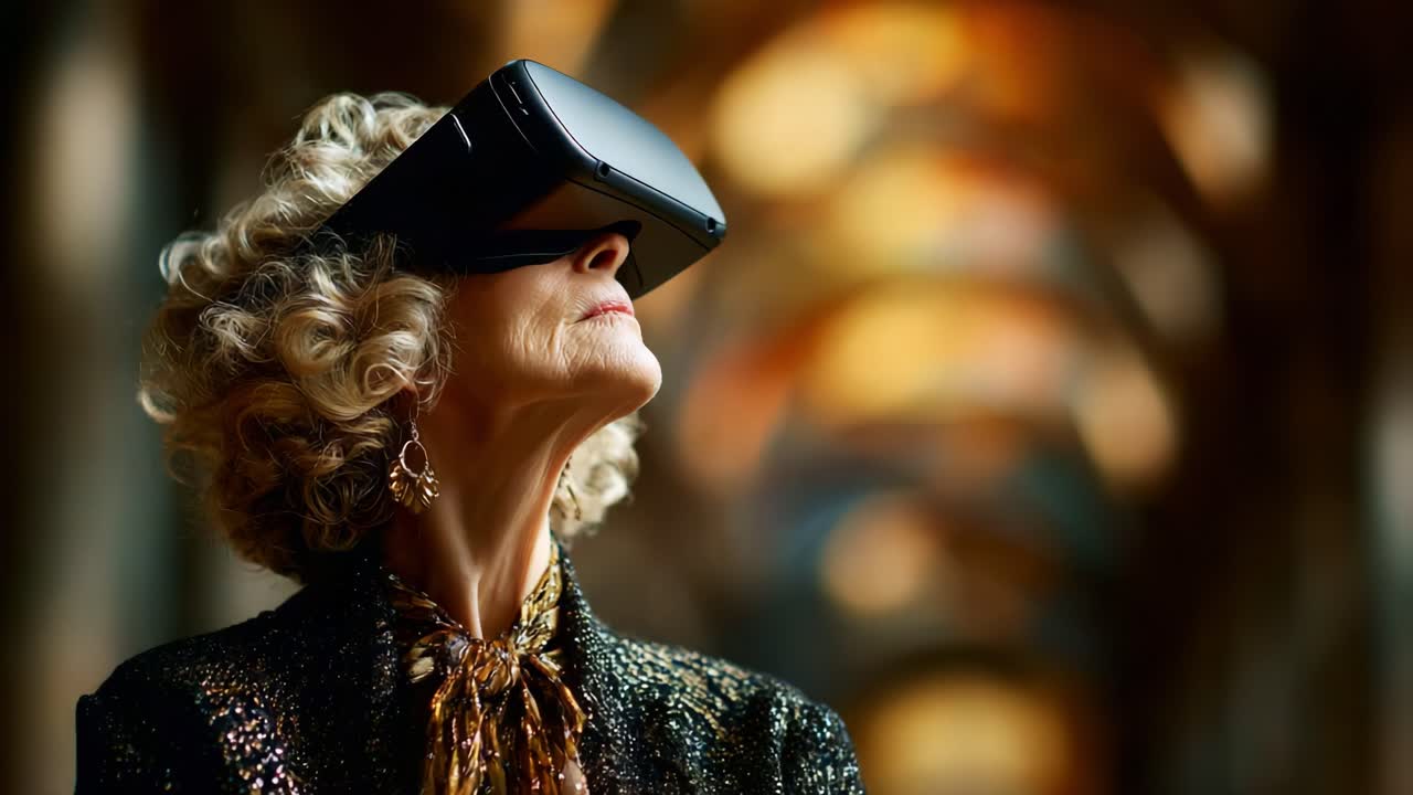 A sophisticated older woman explores the wonders of virtual reality, adorned in an elegant outfit, richly textured, showcasing the intersection of technology and timeless beauty