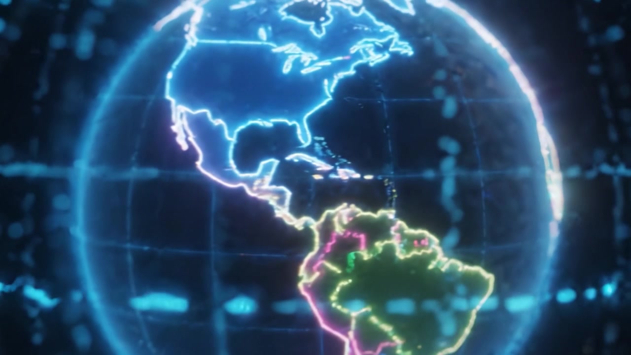 Una straordinaria visualizzazione di un globo digitale che mostra contorni continentali dettagliati e linee di griglia, illuminando la geografia globale con vivaci colori neon e motivi dinamici