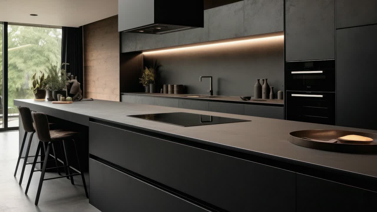 Elegante cucina moderna con finiture in nero opaco, ripresa da un angolo basso