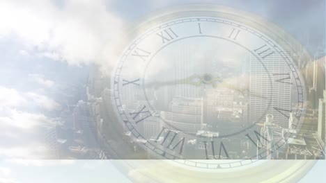 animation of cityscape over clock moving