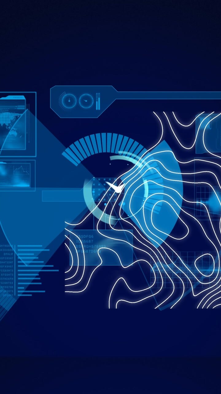 Animation of digital interface with clock over dark background
