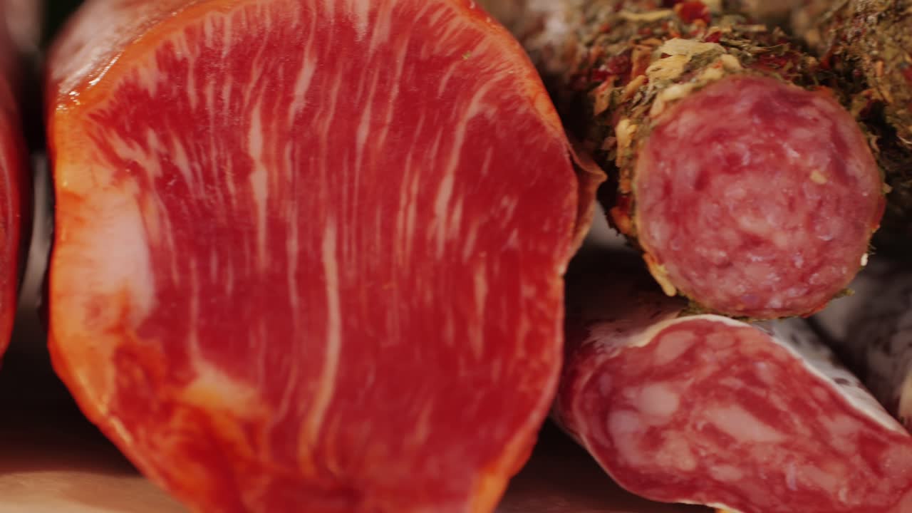 Mix of spanish pork sausages, Cutting board of appetizing catalonian snack - fuet, jamon, chorizo, olives, supermarket tapas food in spain, traditional cuisine.