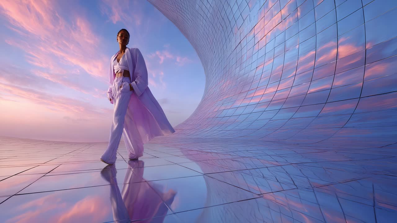 A graceful figure elegantly strides through a surreal, futuristic landscape adorned with reflective surfaces and captivating pastel skies, embodying a blend of fashion and art that inspires awe