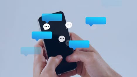 Animation of social media icons falling over person using smartphone