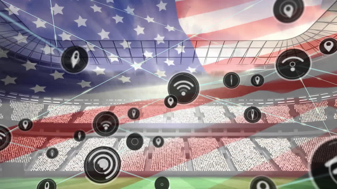 미국 발과 스포츠 경기장 위의 미디어 및 데이터 아이콘 네트워크의 애니메이션