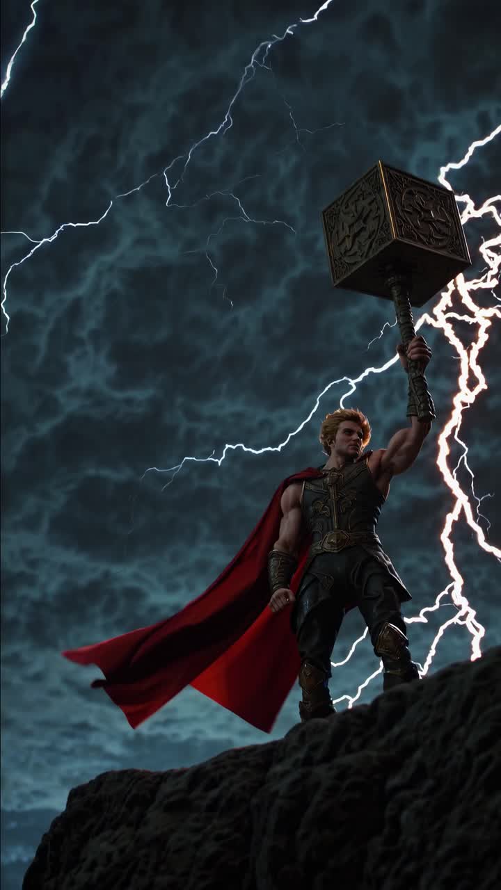 Epic low-angle shot of a heroic figure with a hammer, under a stormy sky with lightning