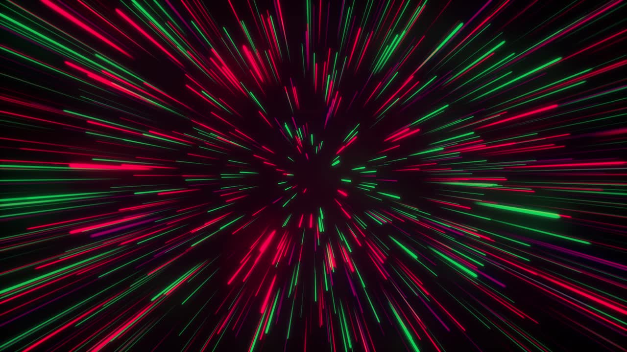 Seamless loop particle light zooming lines tunnel in space air on black background neon glow beam laser abstract 3D animation motion graphics visual effect colourful 4K red green
