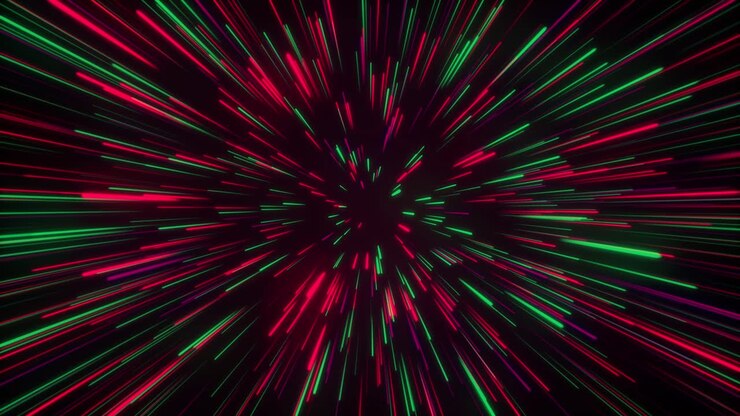 Seamless loop particle light zooming lines tunnel in space air on black background neon glow beam laser abstract 3D animation motion graphics visual effect colourful 4K red green
