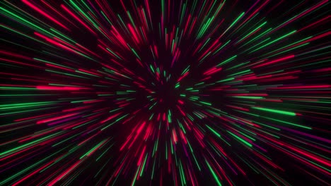 Seamless-loop-particle-light-zooming-lines-tunnel-in-space-air-on-black-background-neon-glow-beam-laser-abstract-3D-animation-motion-graphics-visual-effect-colourful-4K-red-green