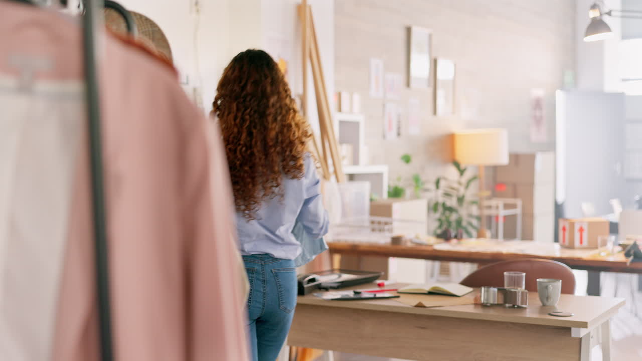 Woman, clothes rack or fashion designer in retail