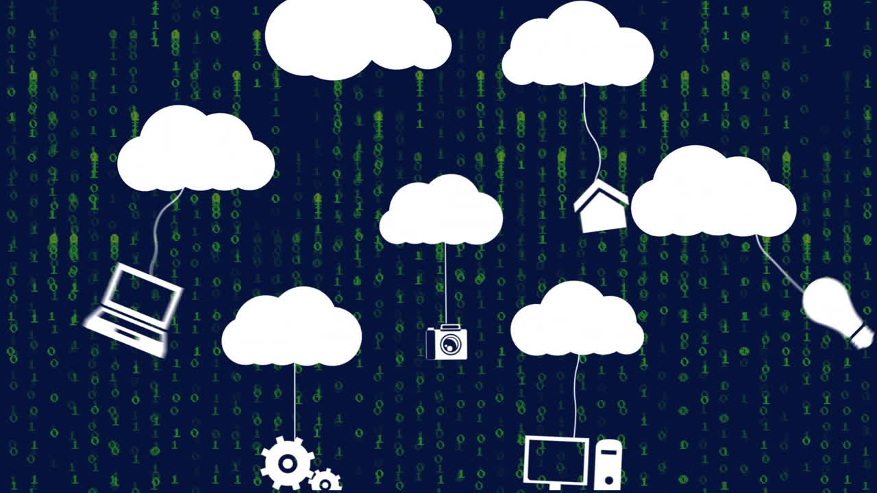 Animation of cloud computing icons over binary code, showing digital network connections