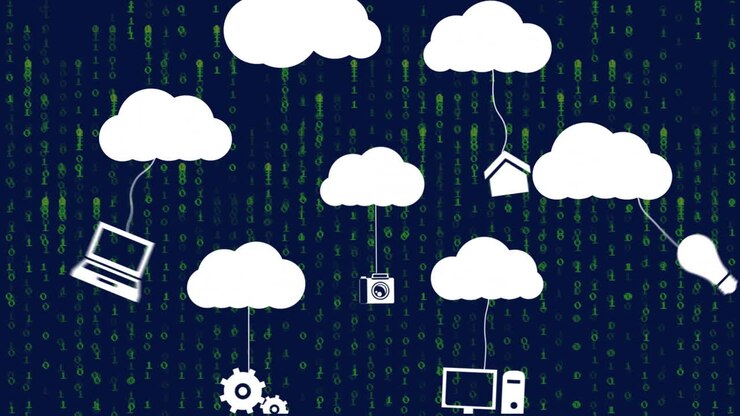 Animation of cloud computing icons over binary code, showing digital network connections