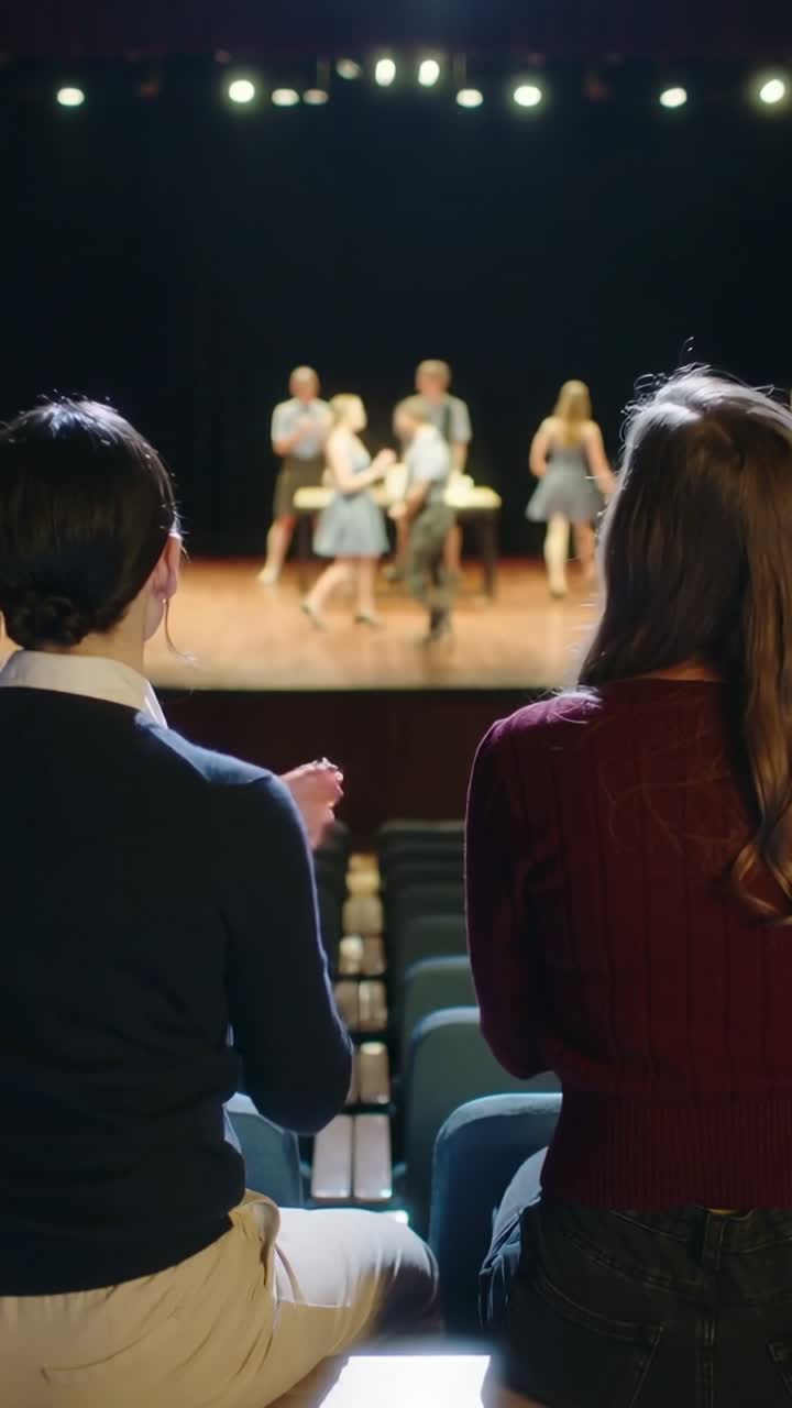 Video verticale: Due adolescenti seduti in maglione che si tengono per mano in un corridoio, applaudendo dopo un oggetto di scena sul tavolo.