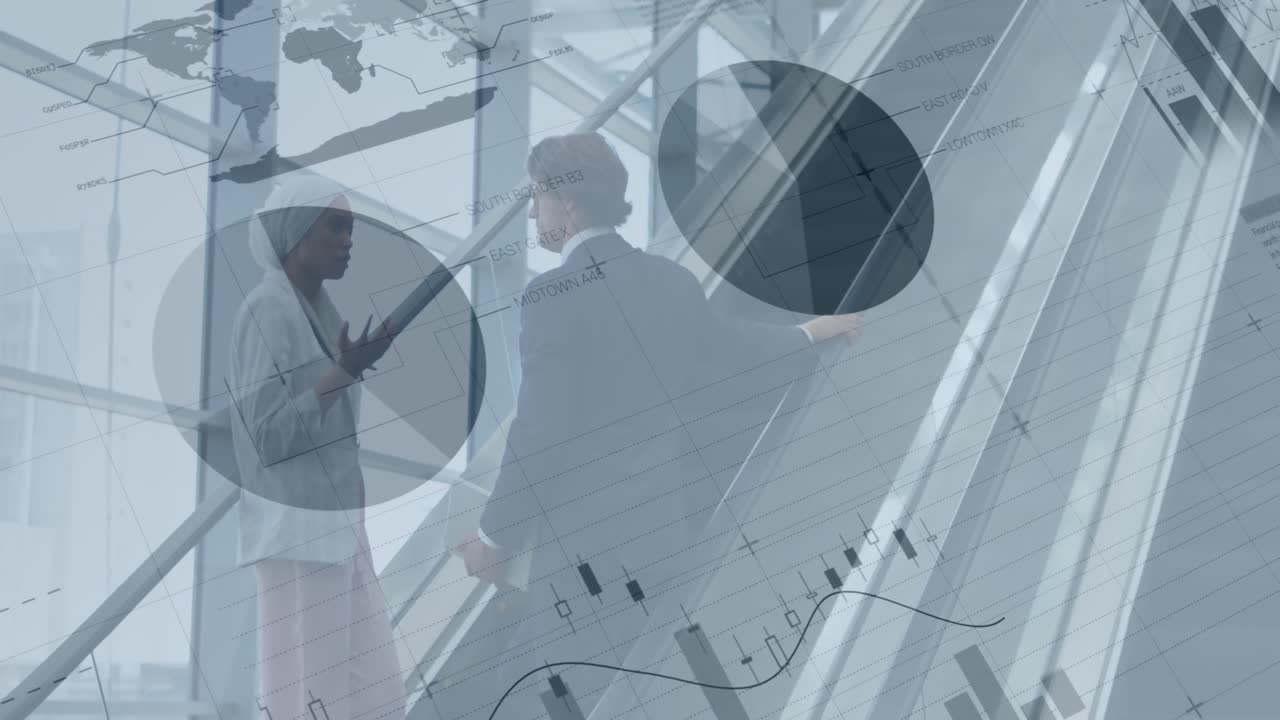Animation of financial data and graphs over diverse businesspeople talking on escalator