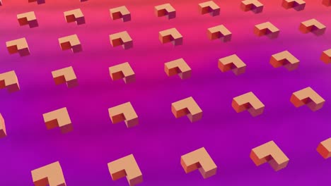 Animation-of-3D-abstract-shapes-moving-in-formation-on-pink-background