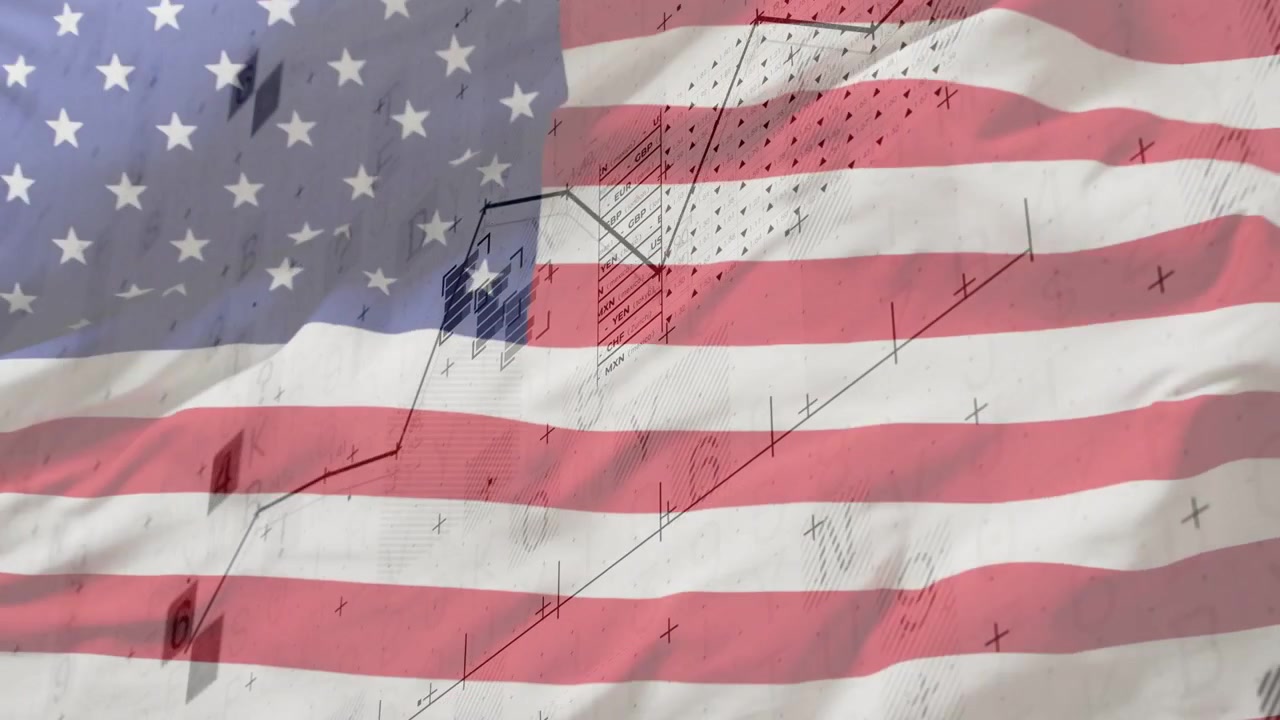 Animazione che inizia, tessuto della bandiera USA che riempie l'inquadratura, grafici che emergono, salita a zigzag, mostrando una tendenza.