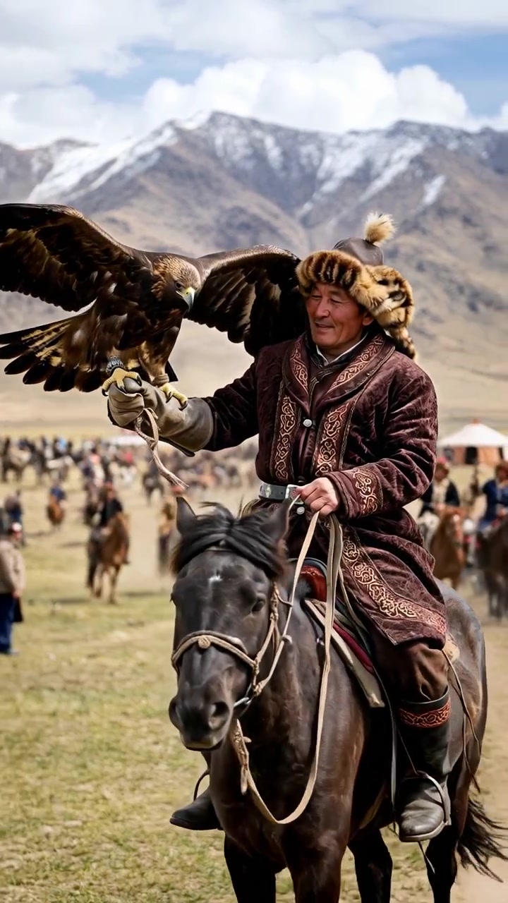 Elderly falconer on dark horse holds golden eagle aloft, wings spread and talons locked on glove as horse trots along dusty trail beside mountain plain in cultural procession, with falconer, eagle
