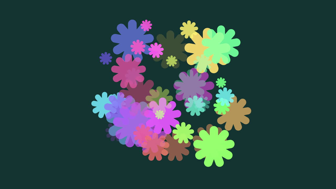 Lebendige abstrakte Blumenformen bewegen sich und überlappen sich auf dunklem Hintergrund, wodurch eine spielerische, farbenfrohe Animation entsteht, ideal für kreative Projekte, Motion Backgrounds, Präsentationen und modernes visuelles Design.