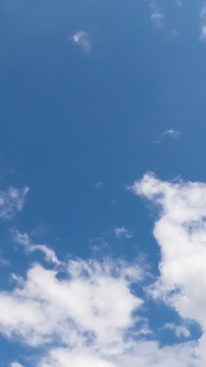 Soft fluffy white clouds flying quickly in the sky. Heavy grey cloudscape appearing in the atmosphere. Low angle view. Timelapse. Vertical video