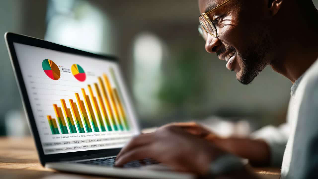 Analytical Professional Engaging with Data Visualizations on Laptop, Showcasing Statistical Graphs and Charts While Focusing on Data Insights and Business Analytics Strategies