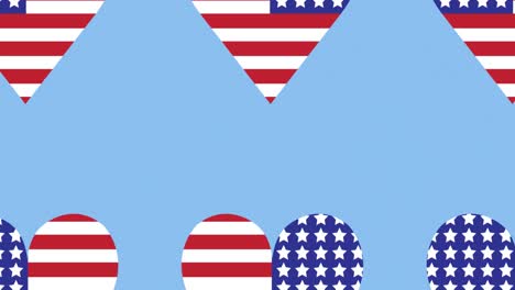 animation of hearts coloured with american flag moving over blue background