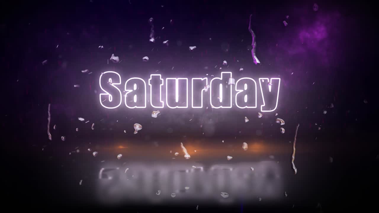 깜박이는 불빛과 함께 폭풍을 통해 드러난 토요일 네온 불빛 사인