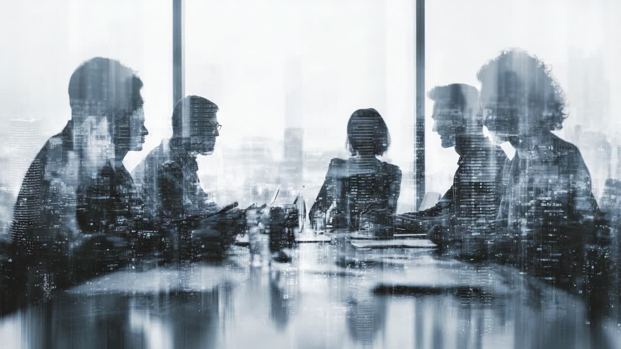 Riunione coinvolgente in corso: un gruppo di professionisti in silhouette collabora in un ufficio moderno, con riflessi del paesaggio urbano che esaltano l'atmosfera