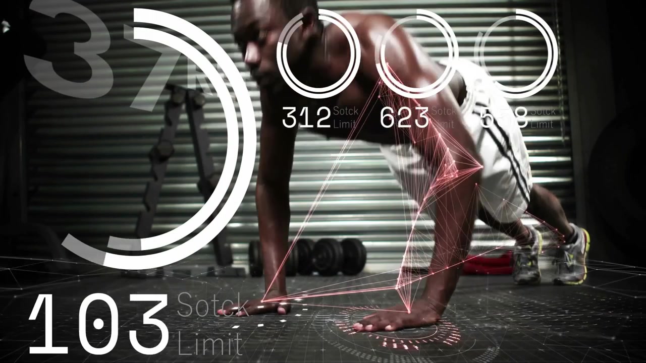 Fitness enthusiast pressing hands on gym floor grid, activating animated bars tracking push-ups