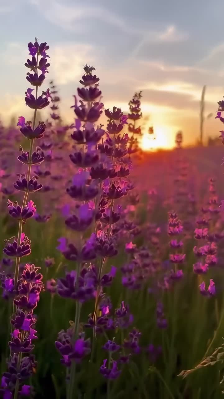 Video ravvicinato di campi di lavanda al tramonto, che cattura colori vivaci da una bassa angolazione