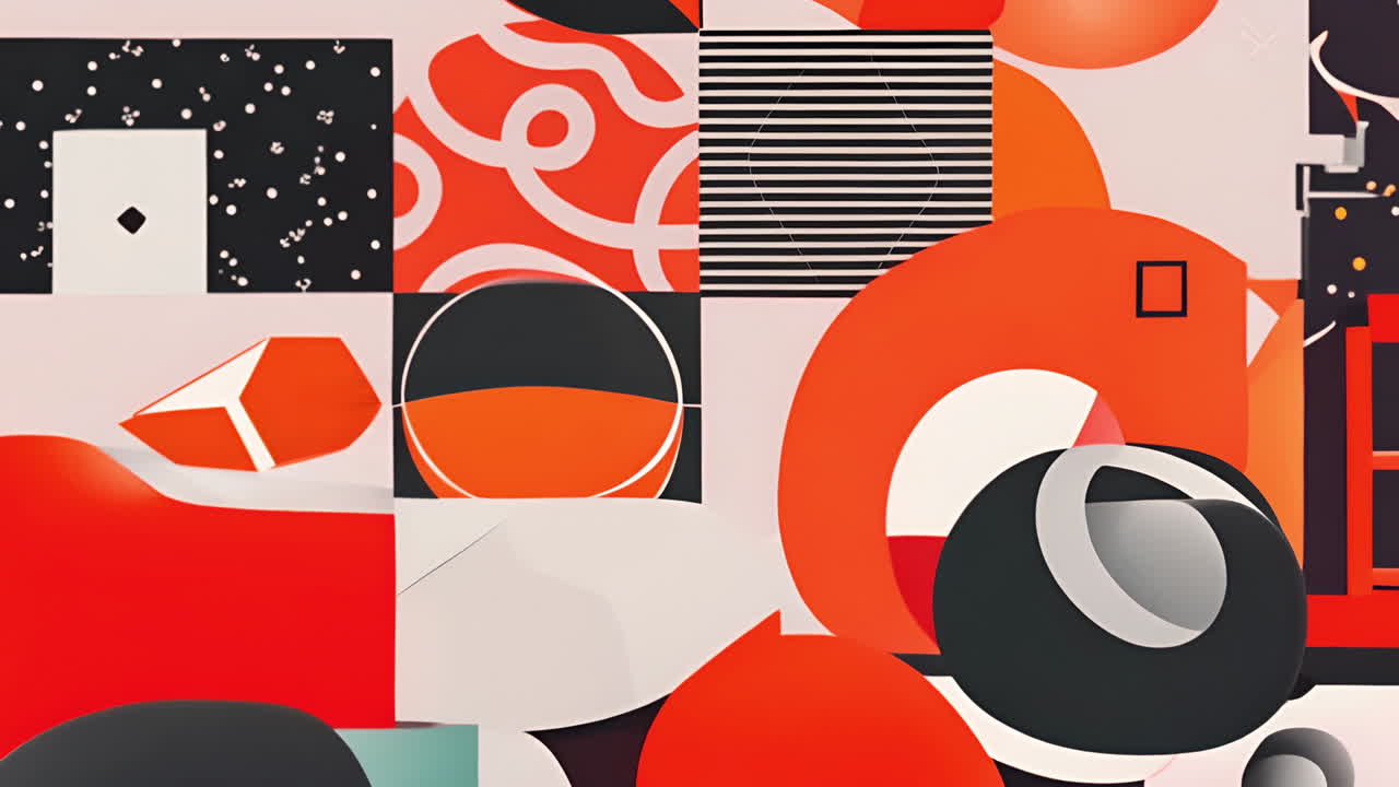 Abstract geometric shapes and patterns animation in red, black, and white colors