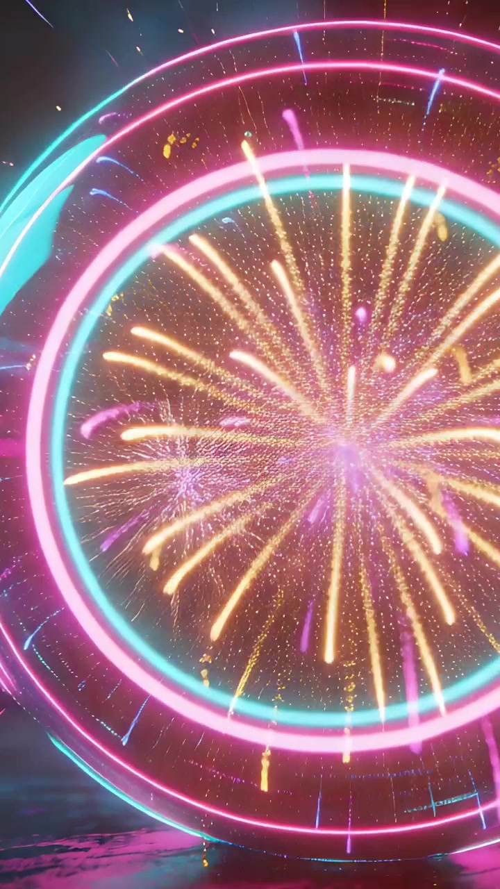 Video verticale: Anelli neon ciano e magenta scintillanti che pulsano mentre fuochi d'artificio esplodono su una superficie bagnata