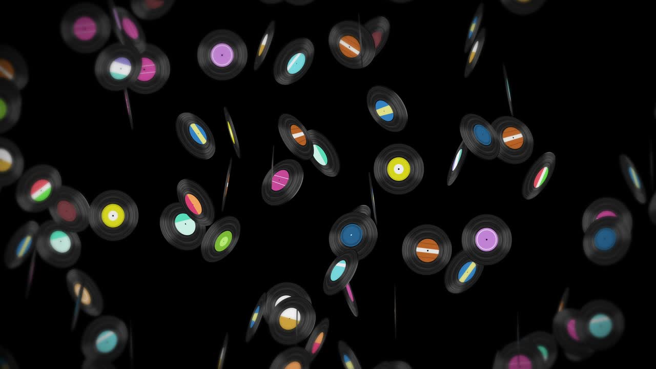 Flying many vinyl records on black background. Old technology. Retro design. 3D animation of music record rotating. Loop animation.