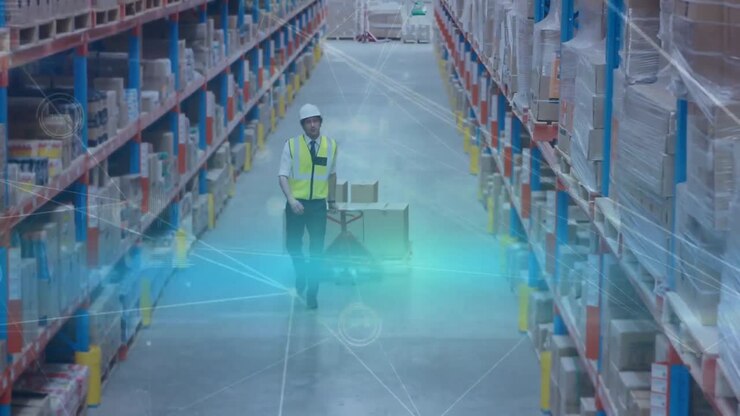 Warehouse worker pulling a trolley