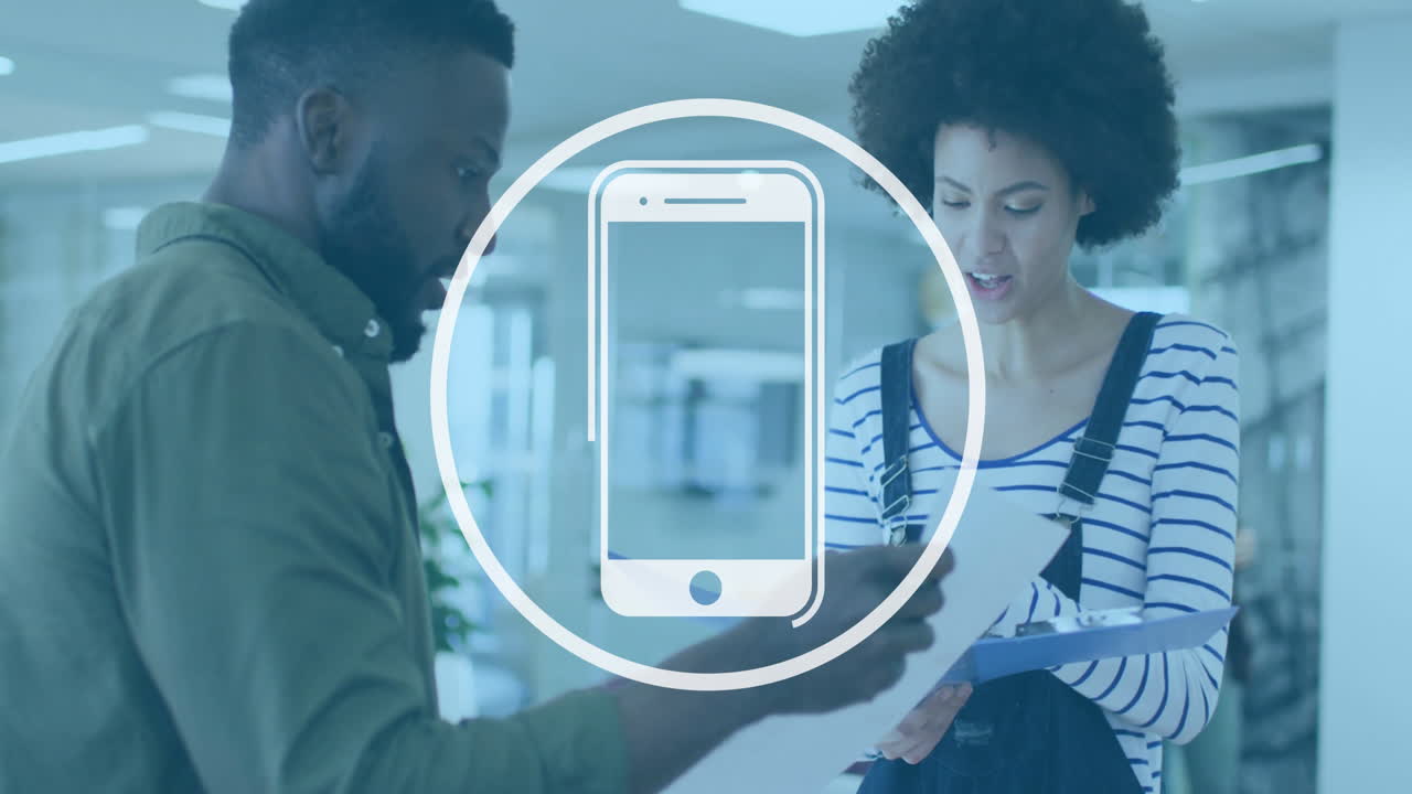 Discussing documents with smartphone animation, two people collaborating in office