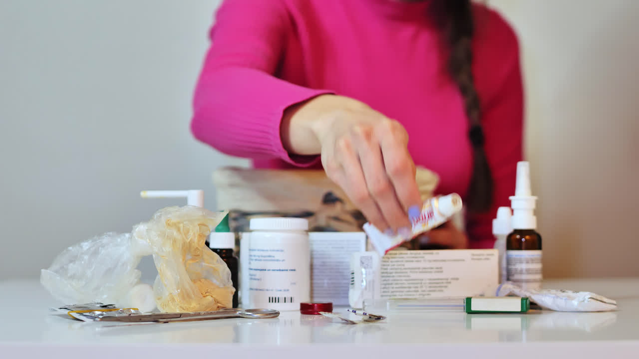 Close-up woman sorting medical items in slow motion during home wellness routine