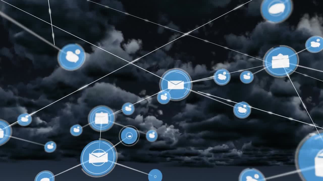 Animation of network of connections with icons over sky